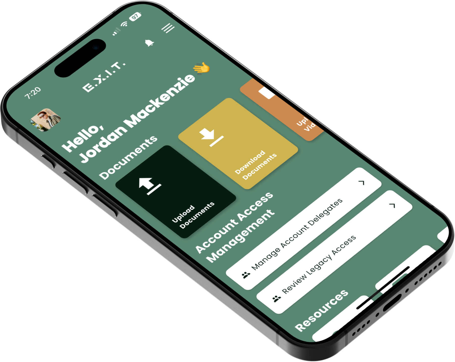 Mockup of an iPhone displaying the E.X.I.T. app dashboard, showing secure, organized panels for vital documents, last wishes, and key details—illustrating how the app centralizes end‑of‑life planning in one place.